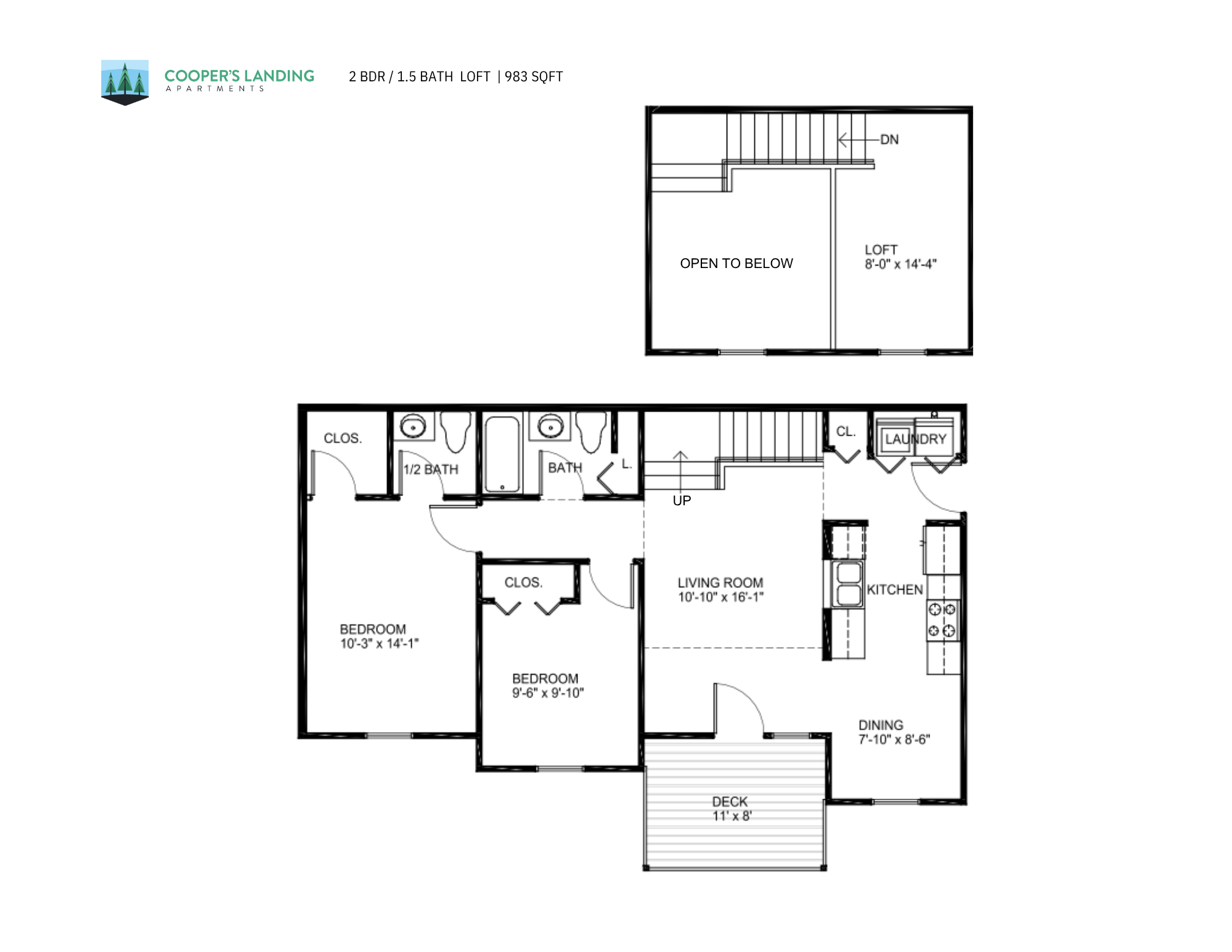 Floor plan for 2 beds, 1.5 baths, 983 sqft
